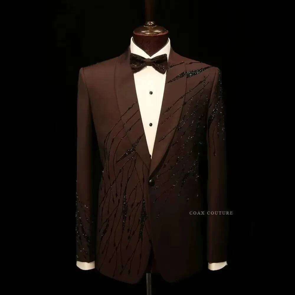 High End Men'S Formal Wear - Brązowe, eleganckie garnitury męskie z kryształkami,