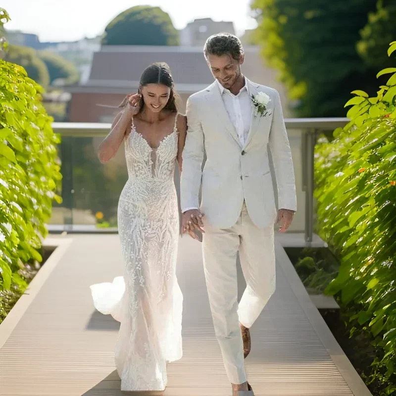 Men Formal Wear Modern - Lniany smoking ślubny dla mężczyzn Letnia
