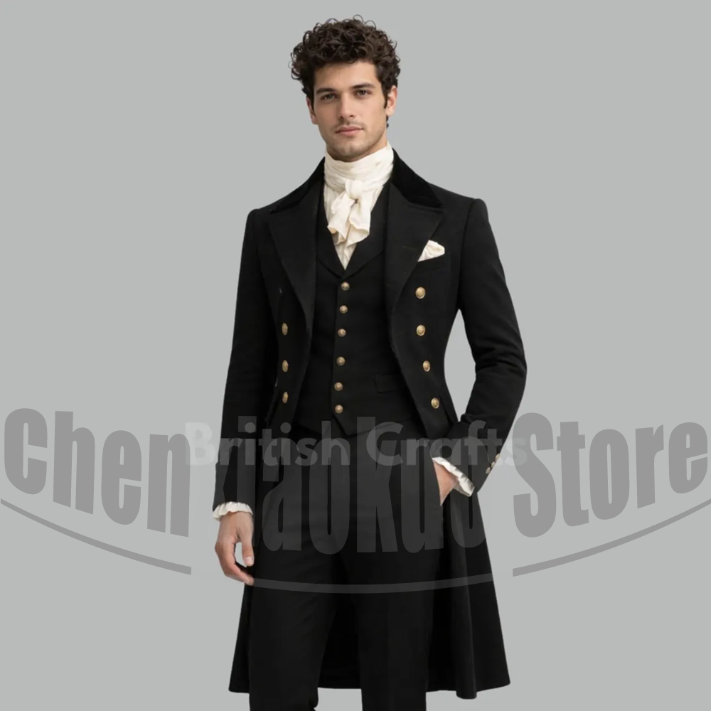 Victorian Men'S Formal Wear - Czarny Męski Forniwal Wiktoriański 3-częściowy Dwurzędowy